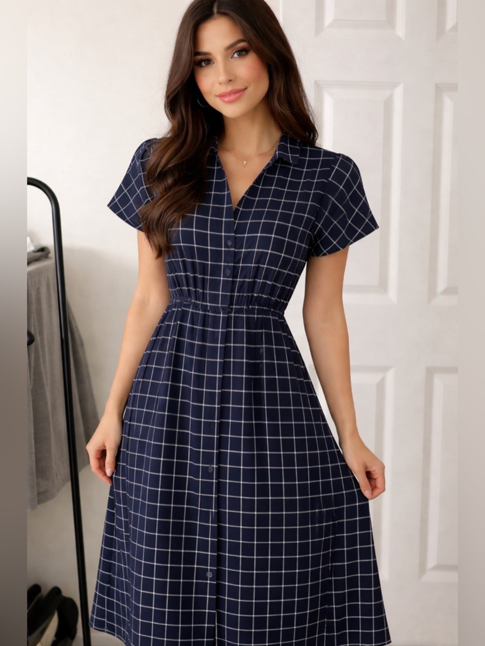 Calvin Klein Women's Dress Midi Plaid Short Sleeve Career Casual Chic Sz 10